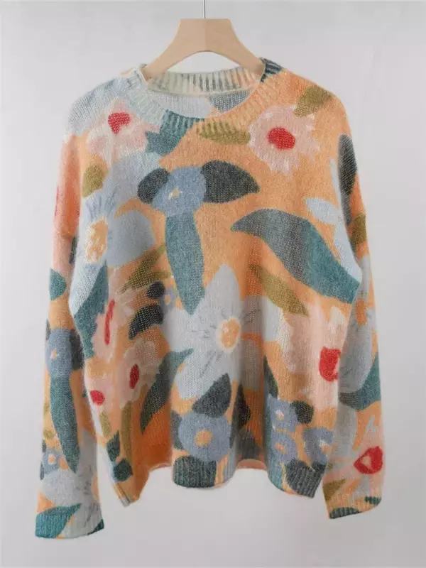 Pulôver feminino macio de malha de manga comprida, suéter jacquard contrastante, o pescoço, início da primavera, novo, 2024
