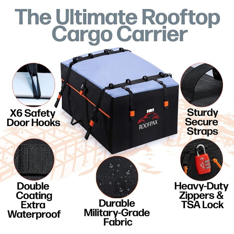 RoofPax-23 cm. Rooftop Cargo Carrier Bag, Extra impermeável, duplo zíperes intempéries, esteira integrada