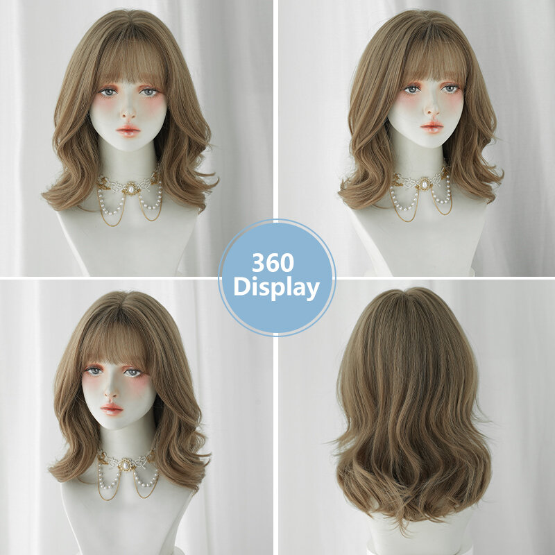 7jhh perucas-peruca sintética para as mulheres, cabelo ondulado do corpo, com franja, altura dos ombros, castanho claro, alta densidade, com cortina