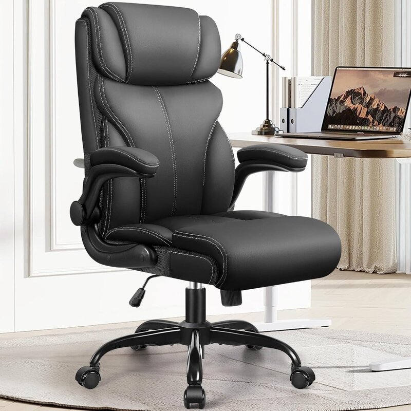 Cadeira de escritório ergonômica, cadeiras grandes e altas para computador, assento de couro ajustável com encosto alto e dobrável