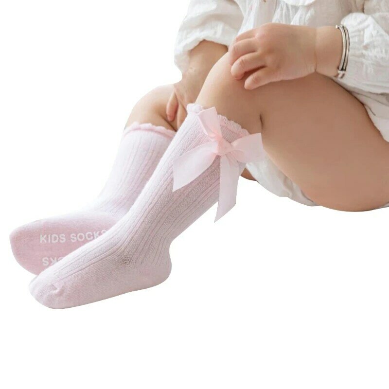 ถุงเท้ายาวถึงเข่าสีสันสดใสสำหรับเด็กผู้หญิงถุงเท้าผูกโบว์ถักผ้าฝ้ายสำหรับ0-3ปี