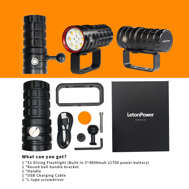 Letonpower Lanterna Mergulho Subaquático, Carregamento Tipo C, Luz de Vídeo Scuba, 25000Lumens, 100m