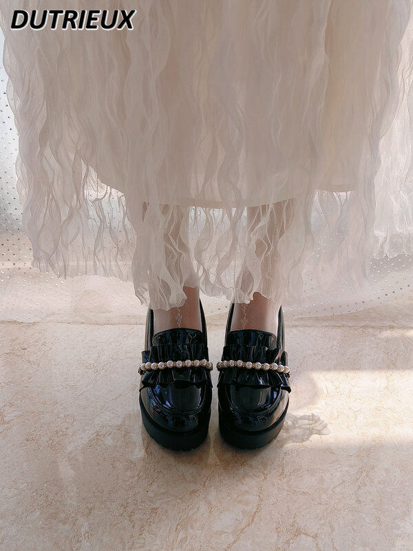 Sapatos plataforma JK Mary Jane para mulheres, bombas de salto robusto, renda pérola, mocassins de couro envernizado, estilo japonês, meu, doce, verão