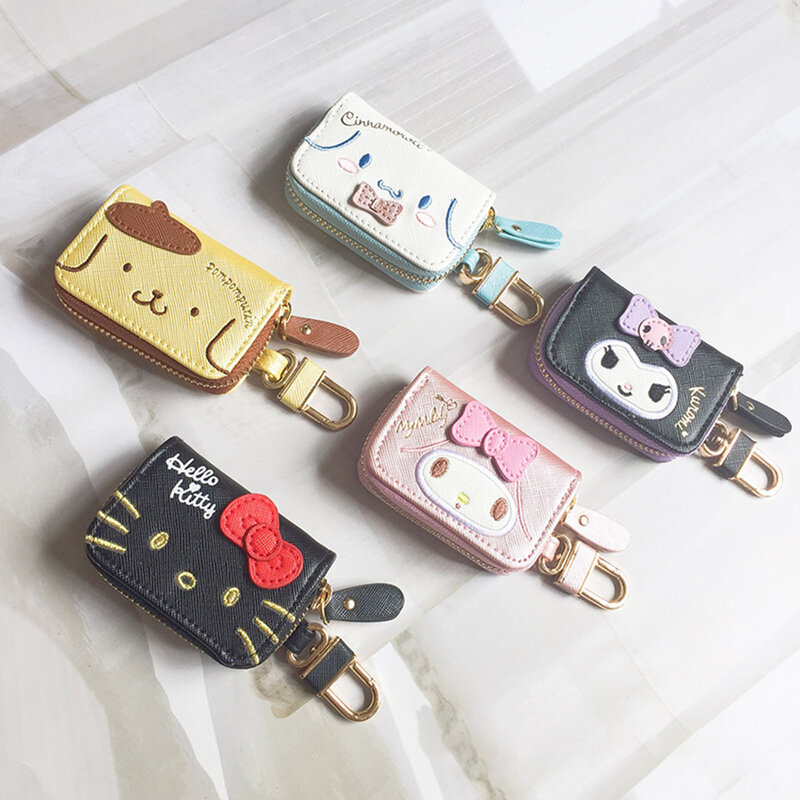 Funda de cuero multifuncional con dibujos animados de Hello Kitty, monedero 3d para llaves, Funda de cuero Pu con cremallera para llaves de coche