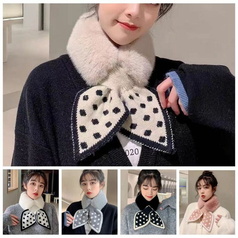 Korean Fashion Knitted Wave Point Bowknot Bib Winter Warm Fleece Neck Scarf Thickened Neck Cover Cross Neck Scarf