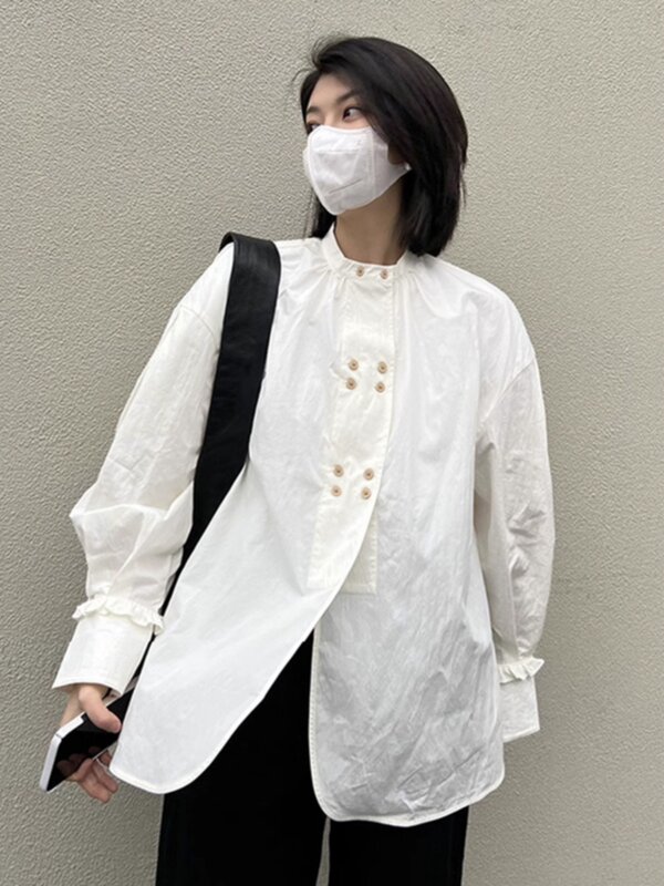 VANOVICH-Camisa blanca de doble botonadura de estilo chino Vintage, camisa informal holgada con pliegues y cuello levantado, nuevo diseño de temperamento, Primavera