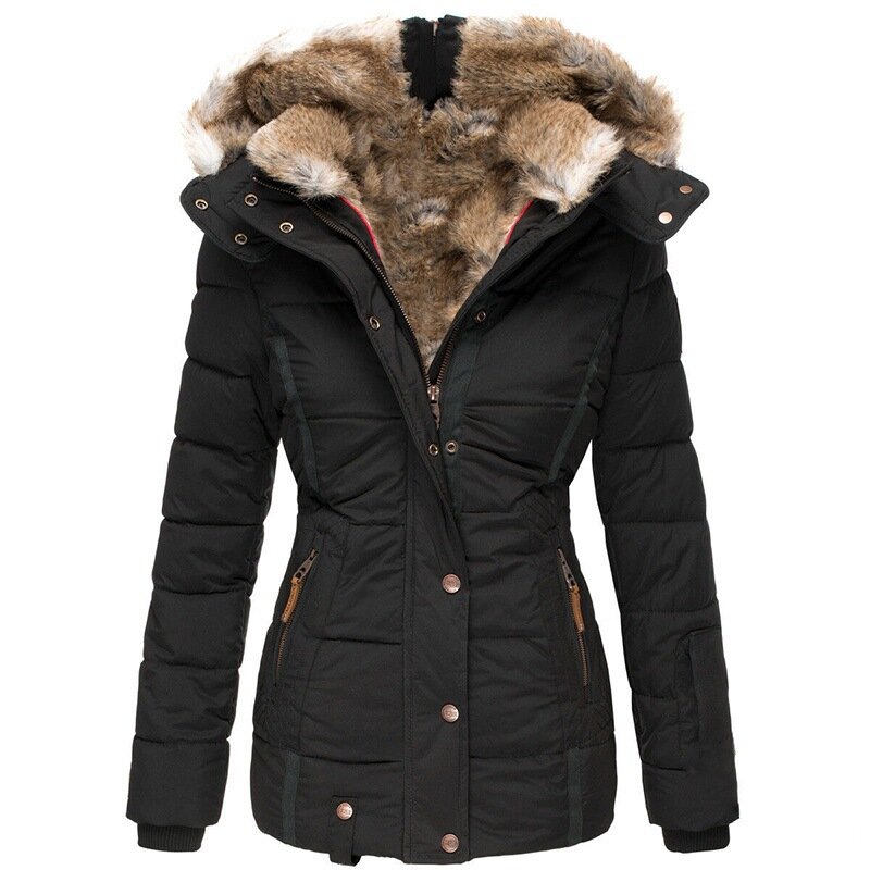 WYBLZ-Женское хлопковое Стеганое пальто с меховым воротником, длинный рукав, куртка с капюшоном, теплые парки, молния, приталенный крой, зима