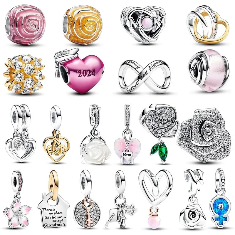 2024 Mother's Day Gift 100% 925 Silver High Quality Original Logo White Rose Pendant Enamel MUM Love Charm DIY Bracelet Jewelry