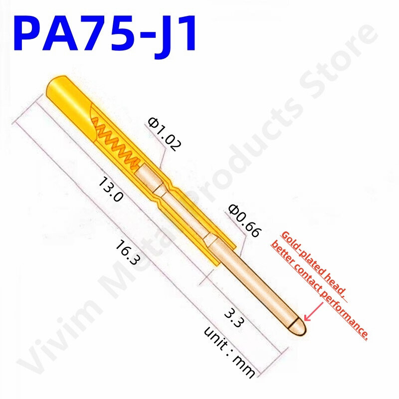 Sonda de prueba de resorte de piezas, herramienta de prueba de Pin de PA75-J1 de 100mm, diámetro de 16,3mm, punta de aguja dorada, diámetro de 1,02mm, PA75-J de Pin Pogo P75-J, 0,66 P75-J1