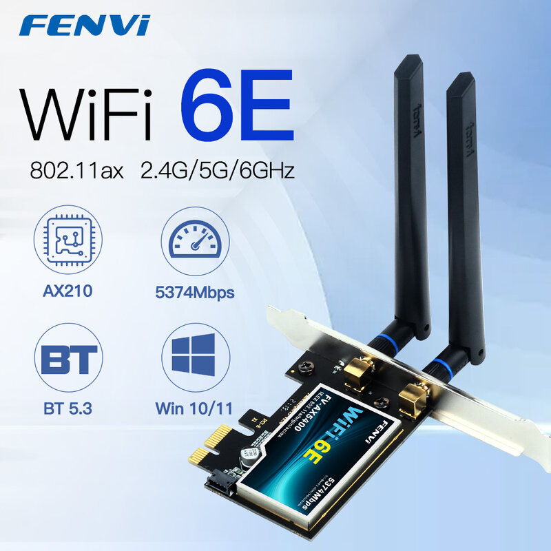 Беспроводная карта FENVI Wi-Fi 6E AX210, 5374 Мбит/с, три диапазона, 2,4 ГГц/6 ГГц, BT 5,3, PCI Express, сетевые карты, Wi-Fi адаптер для ПК, Win10/11