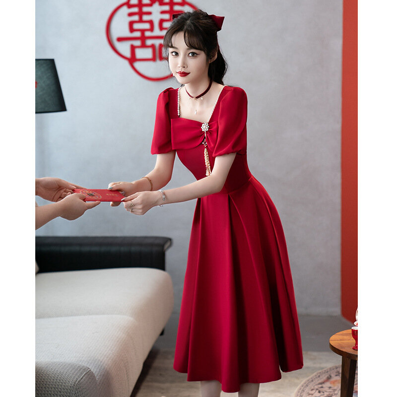 Dark Red Square Collar Women Dress Elegant Short Puff Sleeve Mid Length A-Line Party Dresses Female Formal Vestidos