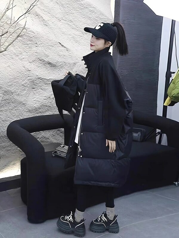 Chaqueta holgada de algodón con cuello de pie para mujer, chaqueta informal de longitud media, versión coreana, nueva tendencia de invierno