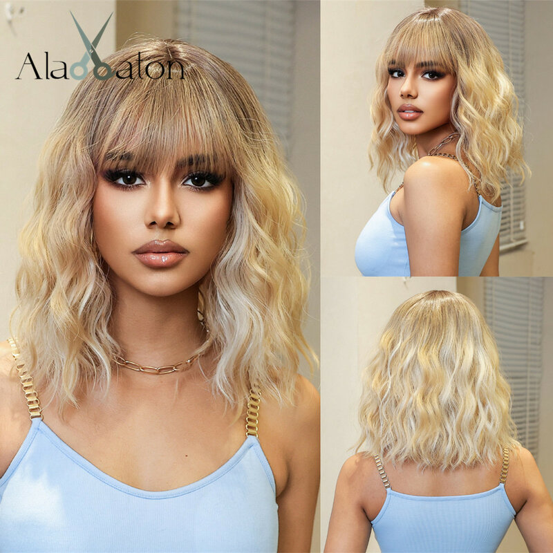 ALAN EATON Ombre Blonde Curly Hair Short Wigs with Bangs Synthetic Highlight Wigs Mixed Blonde Bob Wave Wig Heat Resistant Fiber