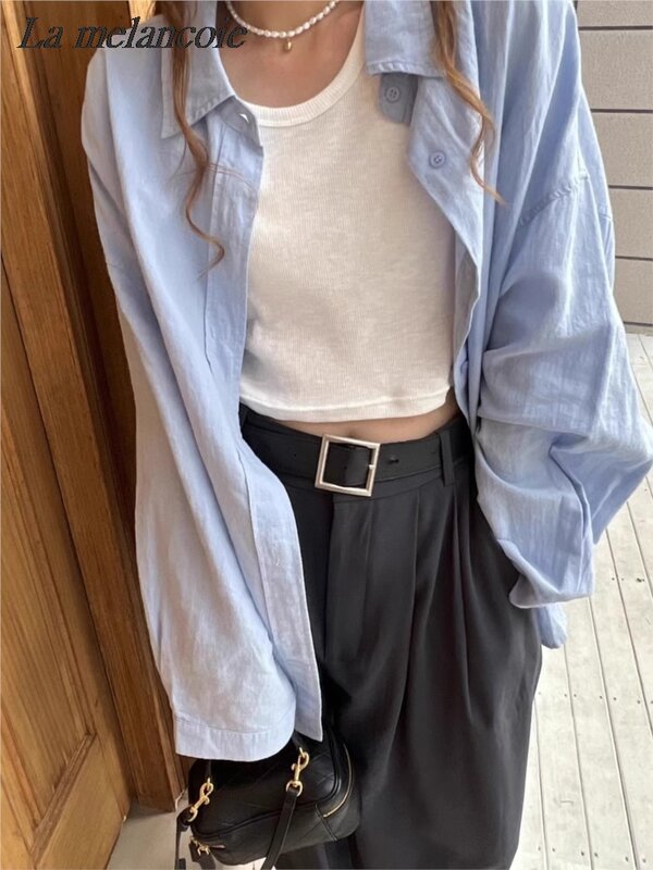 Blusa holgada informal de algodón para mujer, camisa de manga larga de gran tamaño con botones, para primavera y verano, 100%