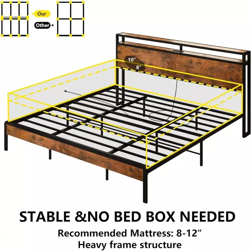 IRONCK-marcos de cama King de California, cama de plataforma con cabecero de almacenamiento y estación de carga, listones de Metal resistentes, sin ruido