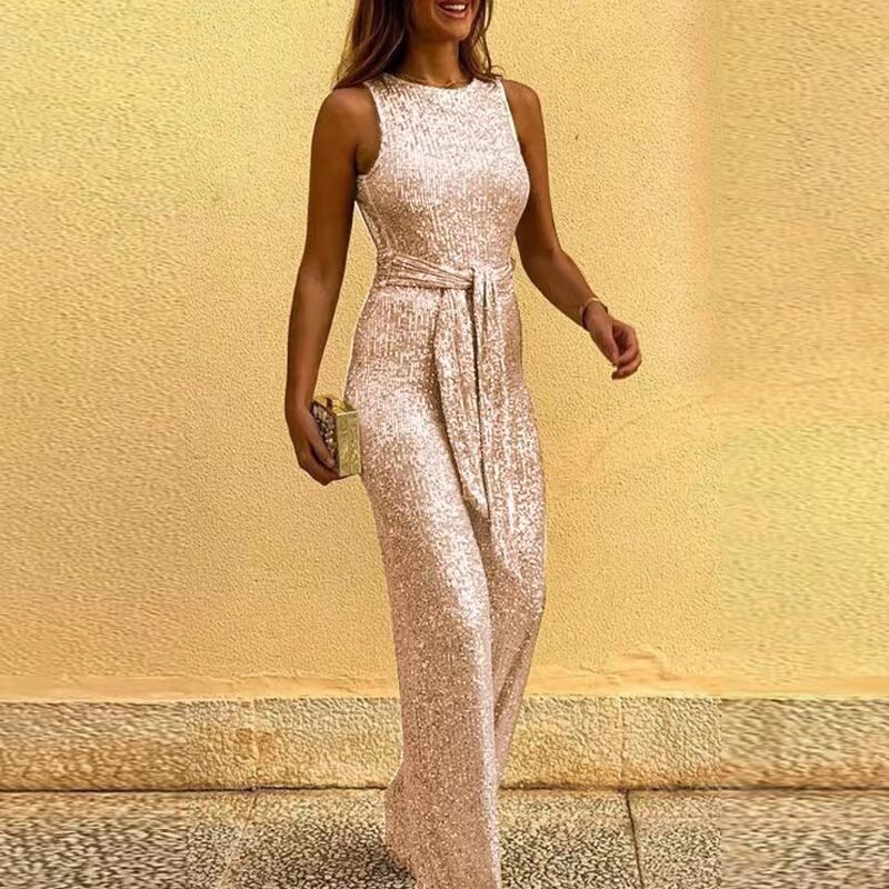 Beach Jumpsuits Full Pant Bandage Rompers Sequins Glitter Office Lady Women Sleeveless 2023 New Backless Sexy Banquet Party