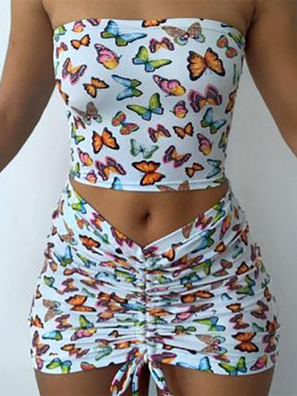 Hot Girls Aesthetics Colorful Butterfly Print Two-piece Strapless Vest Top+Drawstring Pleated Mini Skirts Casual Slim Streetwear