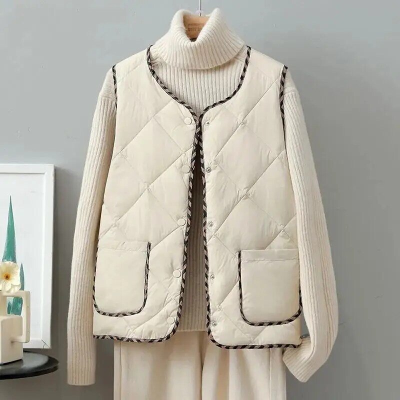 가을 겨울 민소매 따뜻한 다운 면 패딩 코트, 심플한 빈티지 겉옷 조끼, 캐주얼 O 넥 루즈 단추 조끼 재킷