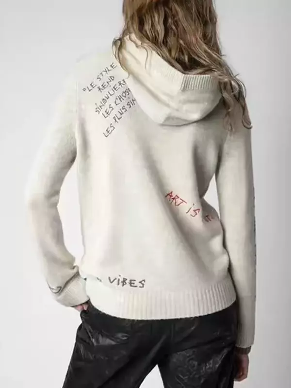 Women Sweater Cashmere Letter Embroidery Color Patchwork Autumn Casual Long Sleeve Hooded Pullover
