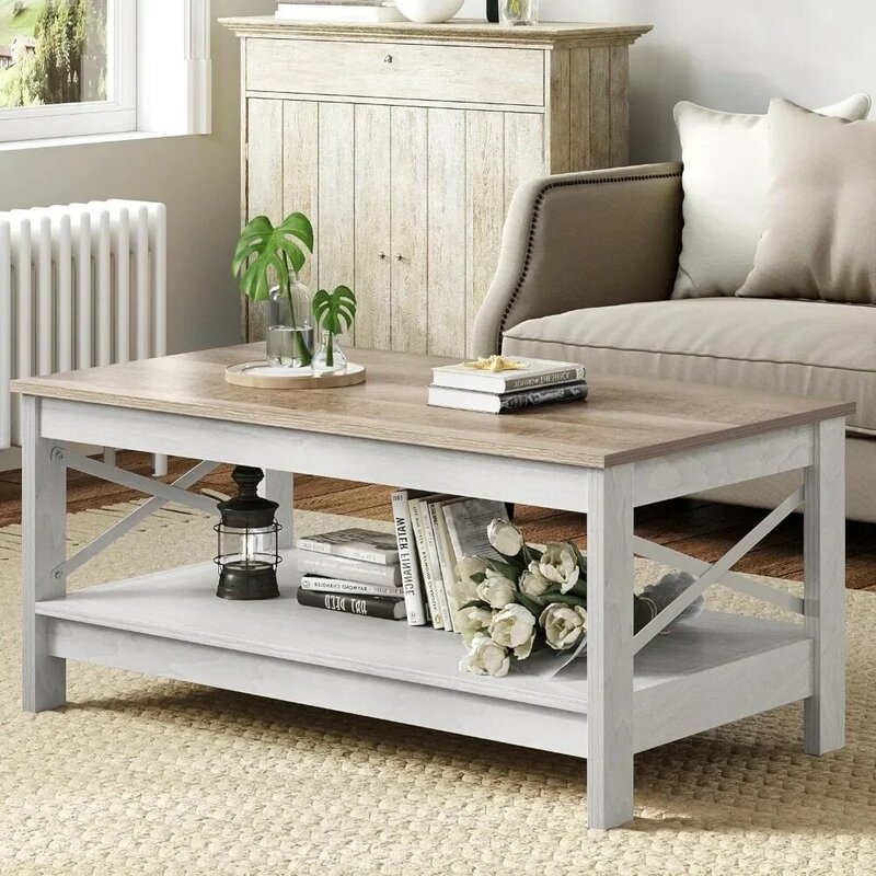 Center Tables for Living Room Modern Farmhouse Coffee Table With Storage Grey Wash Serving Restaurant Wood Cafe Café Furniture