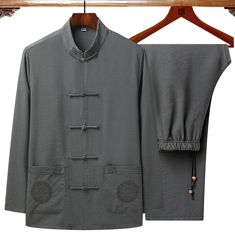 Masculino algodão linho bordado casacos e calças tai chi vestuário primavera autunm desempenho roupas tang terno wushu