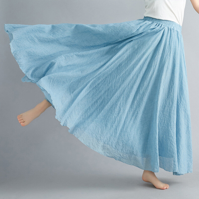 Solid Ethnic Style Cotton Linen Elastic Waist Linen A-Line Long Large Hem Skirt Woman