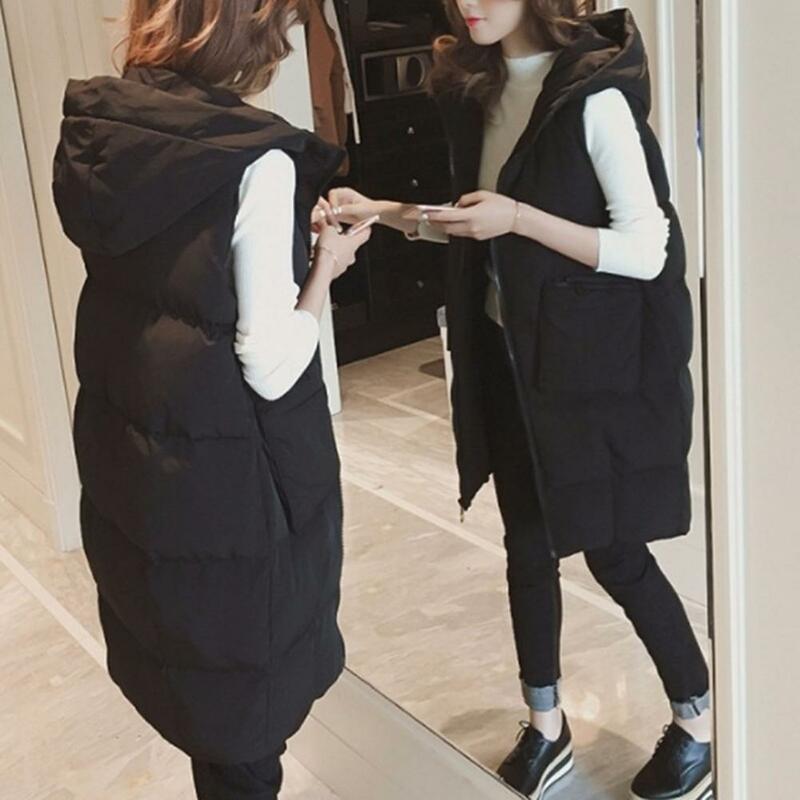 Women Polyester Waistcoat Stylish Women's Hooded Sleeveless Long Vest Coat with Pockets Autumn Winter Solid Color Cotton-padded