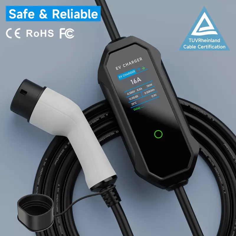 Charger EV portabel 11KW 16A, 3 fase, IEC62196-2 tipe 2, pengisian cepat, kotak dinding CEE Plug, aplikasi WIFI, kontrol nirkabel Bluetooth