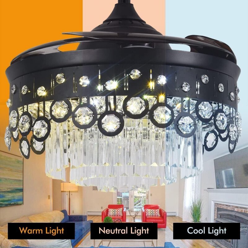 Luz retrátil LED Ventilador de teto, Bluetooth, Music Speaker, Lustre, Cristal, Moderno, 7 Cores, EUA, 42"