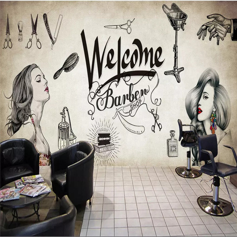 Barbearia vintage mural papel de parede, cabeleireiro, penteado centro, decoração industrial, parede de cimento, tijolo parede fundo, papel 3D