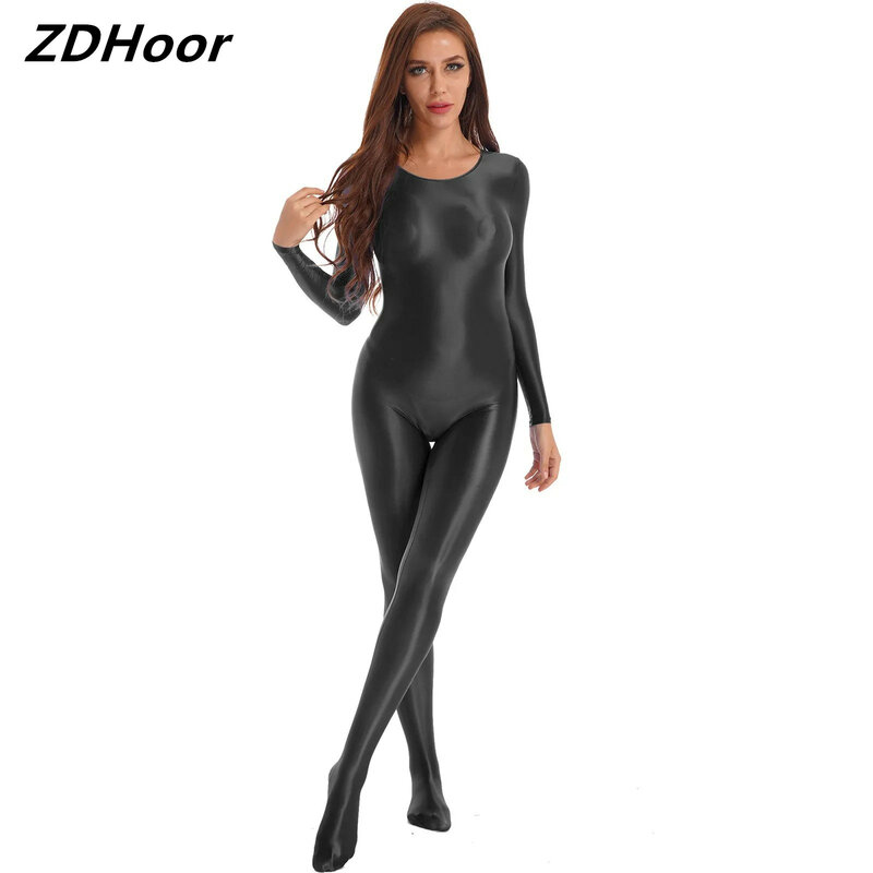 Women Smooth Long Sleeve Bodysuit Body Stocking Nightwear Solid Color Round Neck Bodysuit