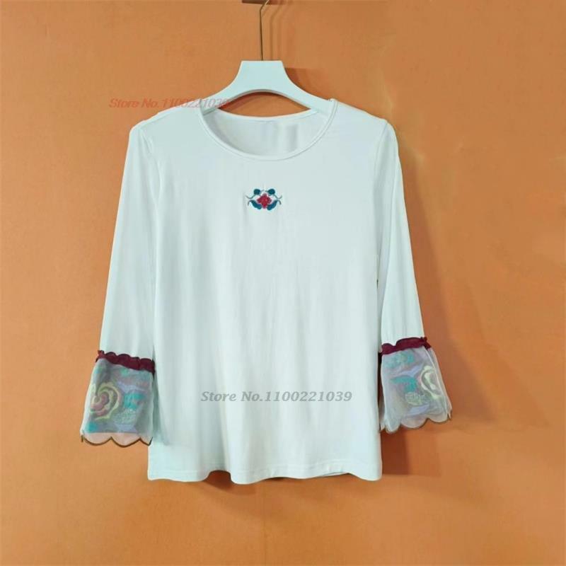 2024 kaus jaring kerah O bordir bunga nasional kemeja dasar vintage etnik Tiongkok kaus elastis elegan oriental streetwear