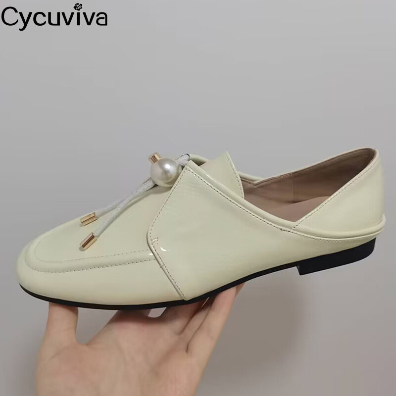 Black Leather Flat Loafers Shoes Woman Round Toe Turn Pearl Buckle Dress Flats Shoes Party Causal Comfort Walking Driving Shoes