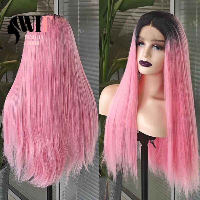 WIF Ombre parrucca anteriore in pizzo sintetico rosa le donne usano parrucca sintetica lunga e dritta con attaccatura dei capelli naturale parrucche Cosplay per capelli colorati