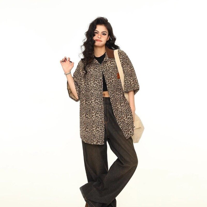 Qweek Leopard y2k Vintage übergroße Hemden Frau koreanische Harajuku Mode Kurzarm Blusen Sommer Gothic Streetwear