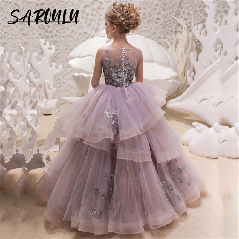 Romantic Lilac Girls Prom Dress Tiered With Appliques Classy O Neck Flower Girl Dresses For Wedding Party Birthday Performence