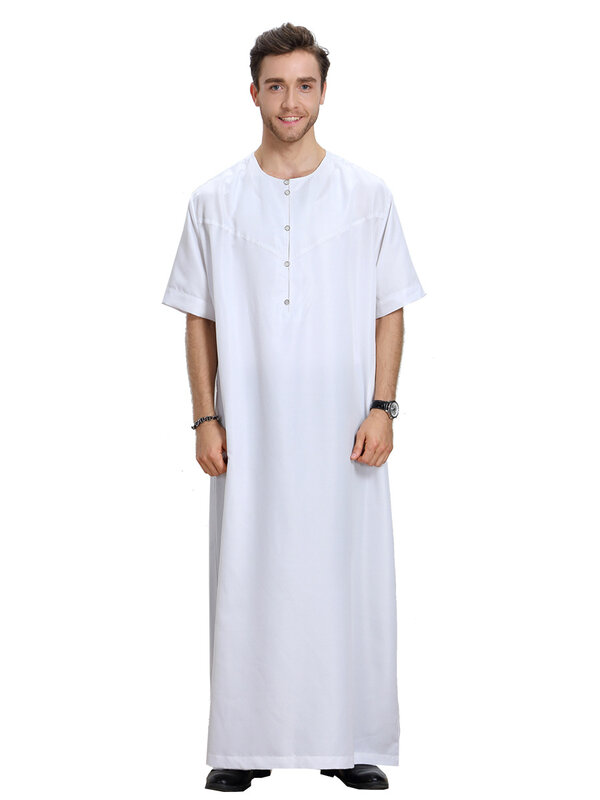 Botão de cor sólida masculino Jubba Thobe, manga curta, decote em O, muçulmano, árabe, Ramadã, roupa islâmica, vestes masculinas, estilo saudita