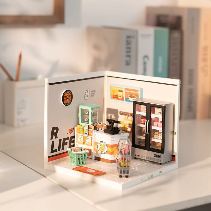 Robotime-Kit de casa de muñecas en miniatura para niños, Kit de tienda de suministro de modelo de accesorios, con LED para construir, regalo de cumpleaños decente