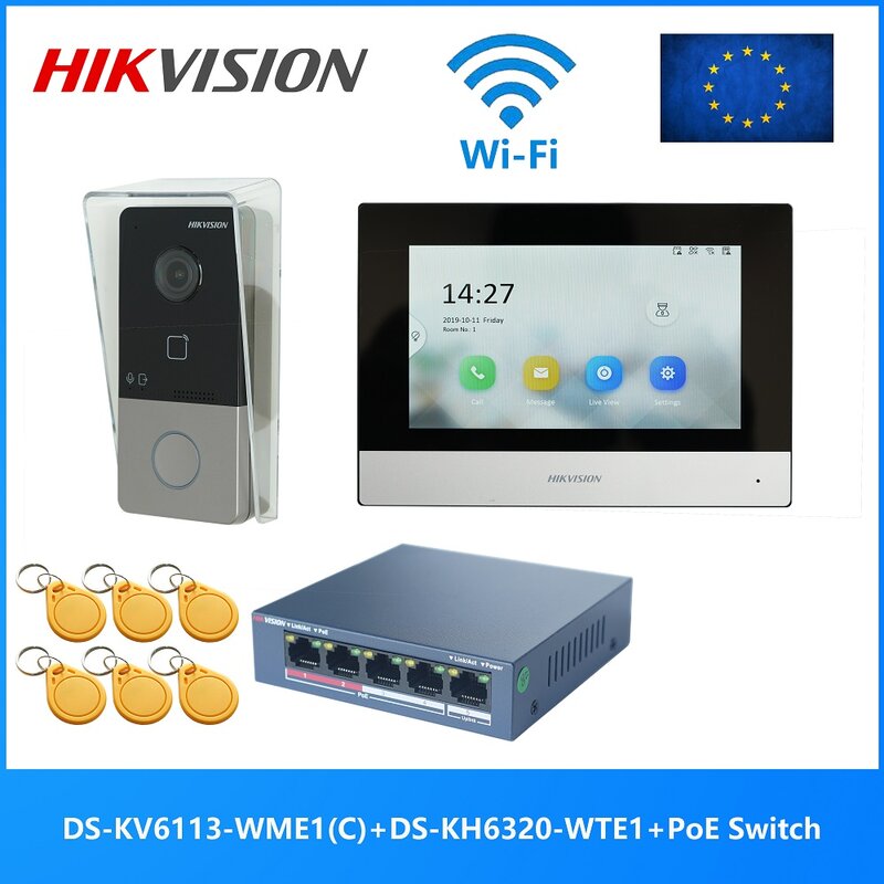 HIKVISION DS-KIS603-P(C) KIT interkom Video POE 802.3af Multi bahasa, termasuk DS-KV6113-WPE1(C) & DS-KH6320-WTE1 & sakelar PoE