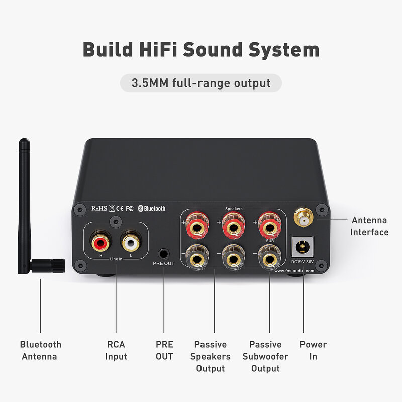 Foci Audio-Bluetooth Sound Power Amplifier, 2.1 Channel Amp, Reciver de áudio para alto-falante, Subwoofer, BT30D PRO, 165W x 2 Plus 350W