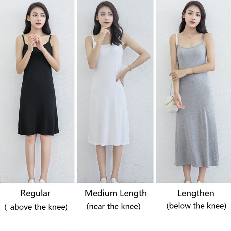 New Women's Camisoles Full Slips Dress with Shoulder-straps Long Under Dress Solid Underskirt Inner Petticoat length 88 to 108cm