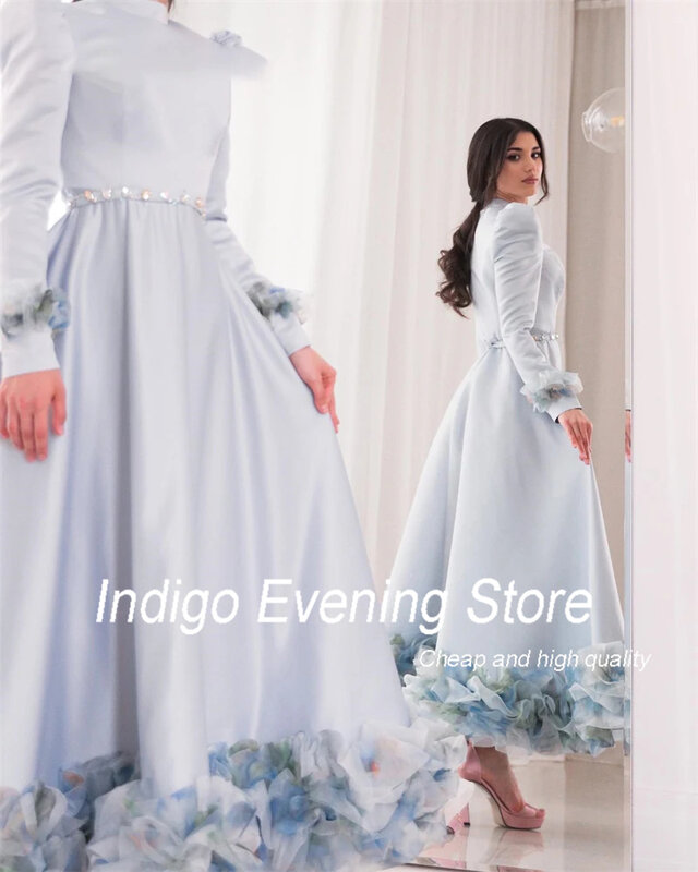 Gaun Prom Fashion baru Indigo gaun pesta Formal wanita kristal lengan penuh leher O gaun pesta 2024 jubah wanita