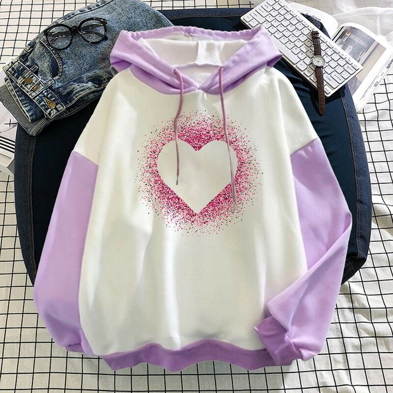 Women Casual Long Sleeve Sweatshirt Love Print Drawstring Pullover Hoodie Color Block Tops Pullover Casual Top
