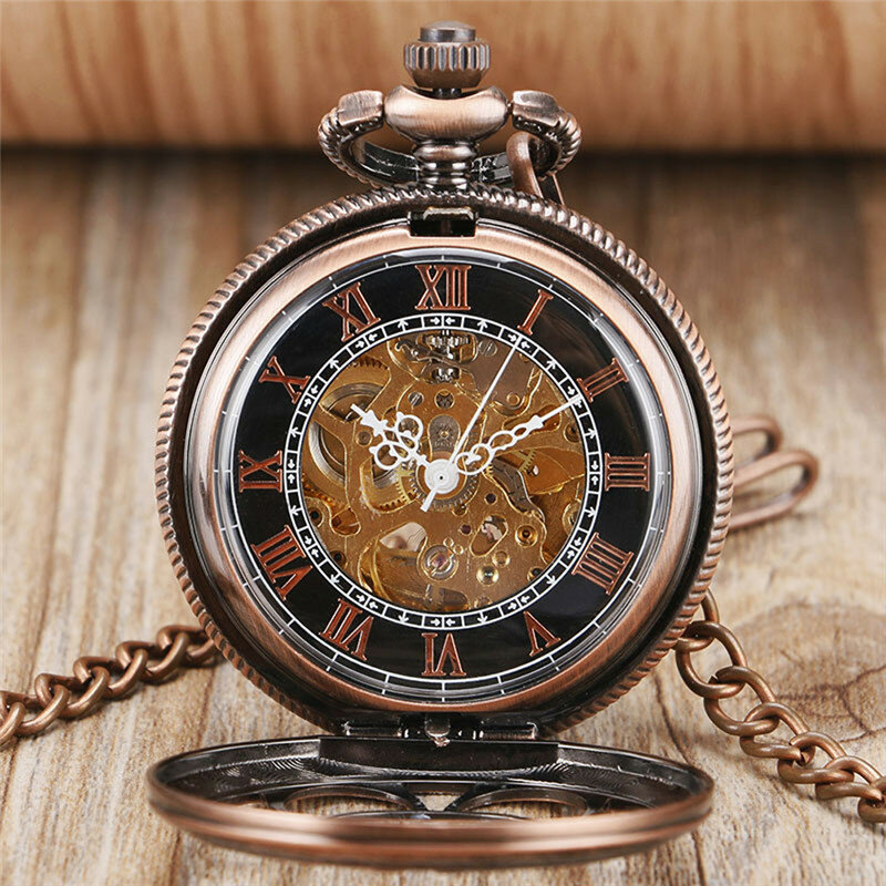 Red Copper Hollow Out Pumpkin Mens Womens Auto Mechanical Pocket Watches numero romano Dial Pendant Chain Skeleton Clock Gift