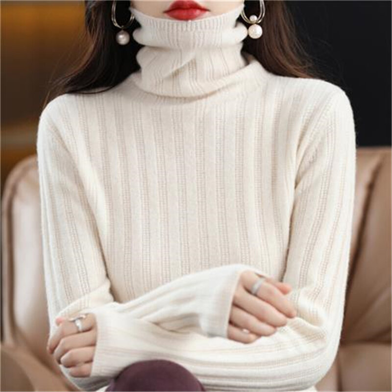 여성용 한국 터틀넥 단색 두꺼운 따뜻한 기본 니트 스웨터, 캐주얼 긴팔 상의, 풀오버 점퍼, 여성 의류, 겨울