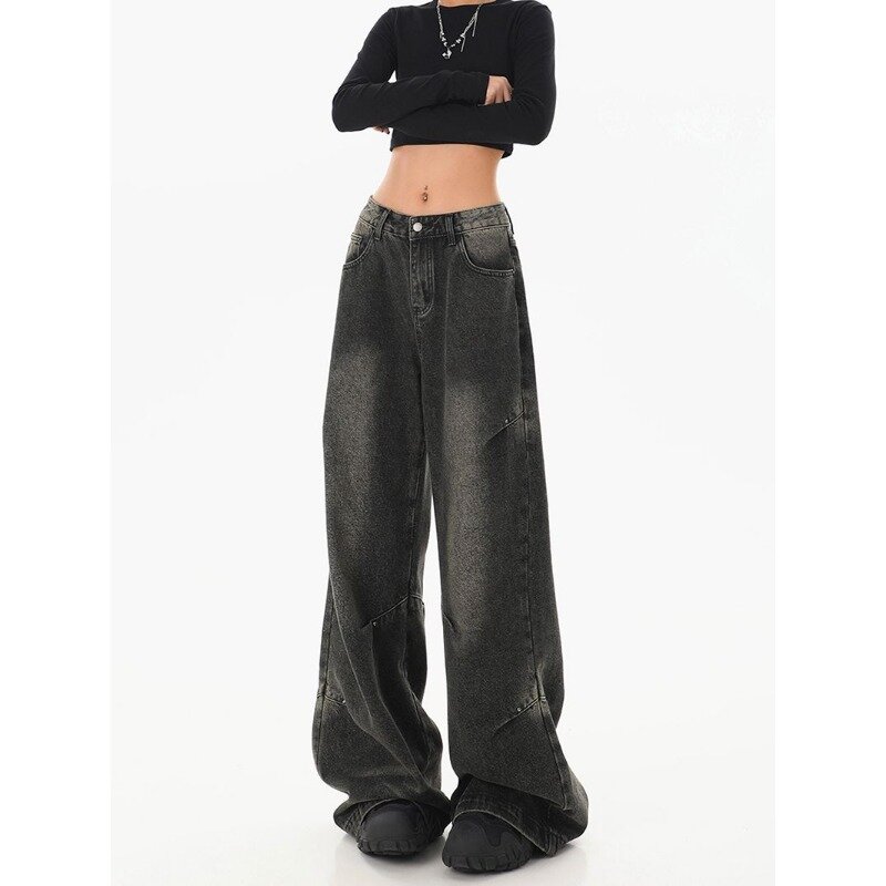 Deeptown-Calça jeans preta feminina, jeans vintage, perna larga, calça coreana harajuku, roupa de rua gótica, primavera americana, Y2k, 2024