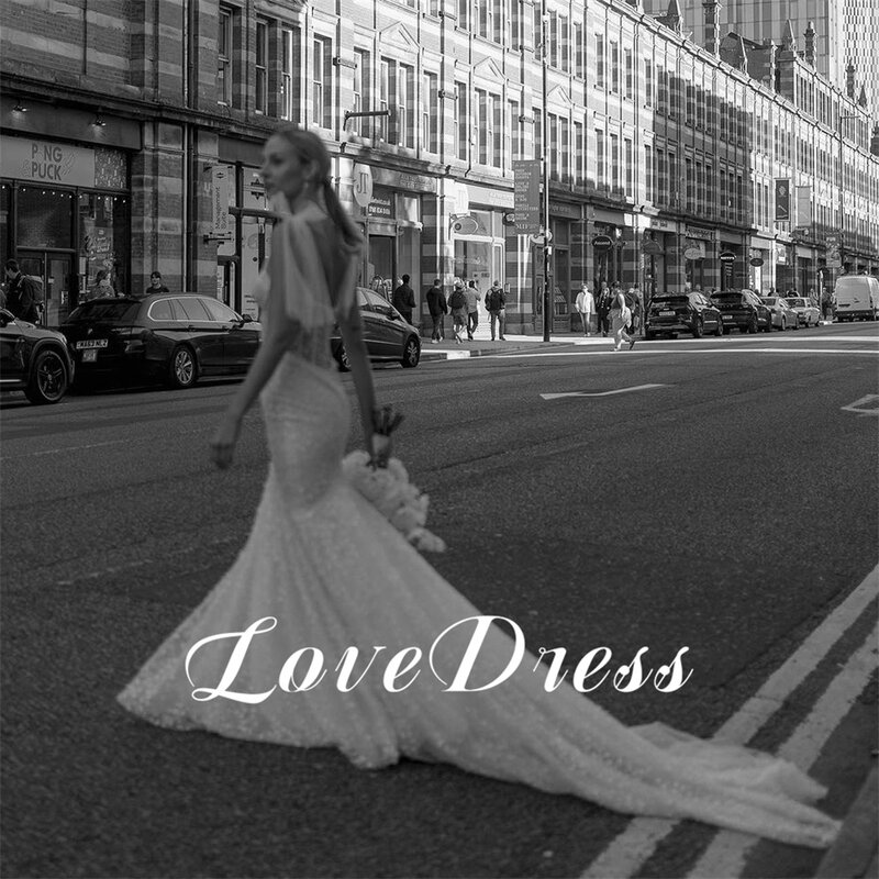 LoveDress-vestidos de Novia con purpurina y escote Corazón, traje de sirena con lentejuelas y tirantes finos, Vestido de Novia brillante con cola de barrido