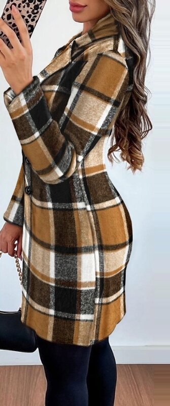 2023 체크 무늬 노치 칼라 긴팔 코트, 더블 브레스트 코트, 우아한 오피스 코트, 가을 및 겨울 패션