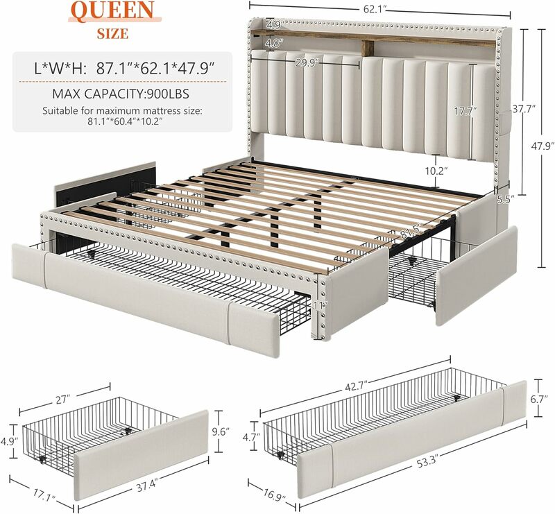 Struttura del letto con 3 cassetti, struttura del letto imbottita Queen, King e Full Size con testiera e contenitore, nessun rumore, facile montaggio