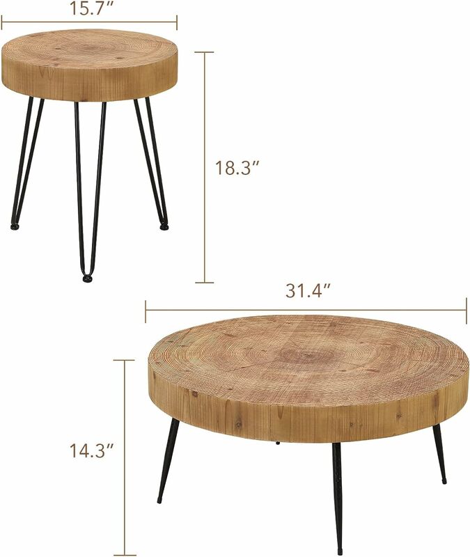 Conjunto de 2 mesa de centro redonda, mesa de cocktail, círculo moderno, acabamento em madeira natural, lado e mesa final para sala